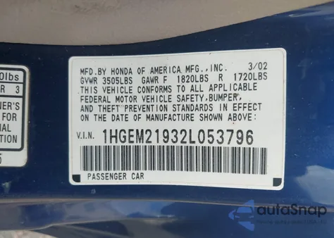 2002 Honda Civic Ex из США, поврежденный, VIN 1HGEM21932L053796